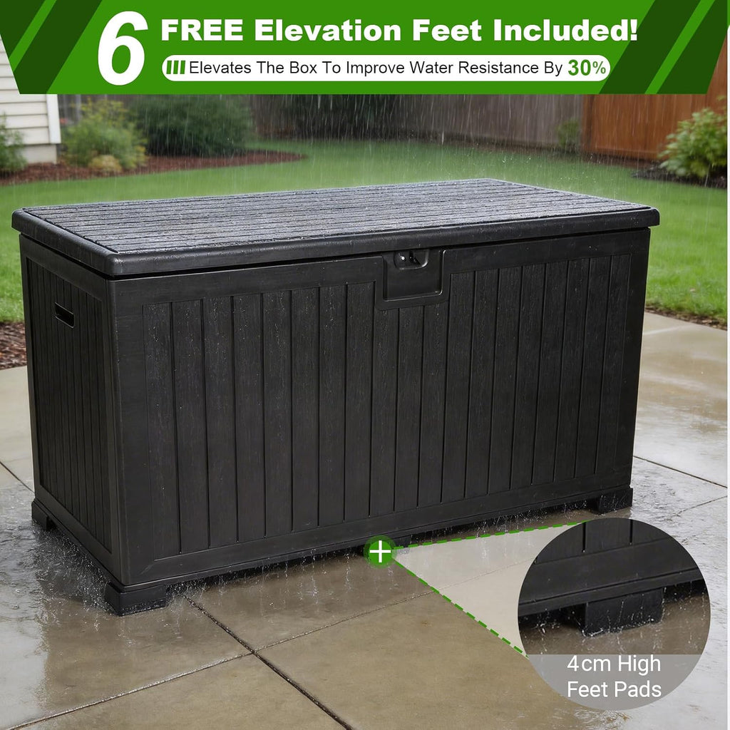 320 Gallon Deck Box with 6 Waterproof Foot Pads, Resin Storage Box Weatherproof, Plastic Cushion Container with Lock and Lids for Pool Equipment, Black