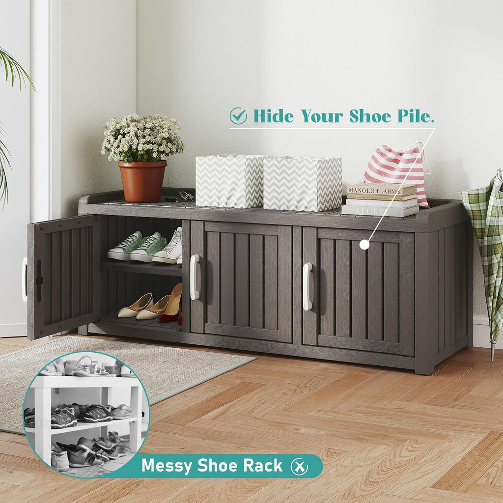 NUNU LAB Shoe Storage Cabinet, Waterproof Shoe Organizer with Adjustable Shelves, UV-Resistant Entryway Shoe Cabinet Bench with 3 Barn Doors for Indoor Outdoor, Foyer, Hallway, Living Room,Grey