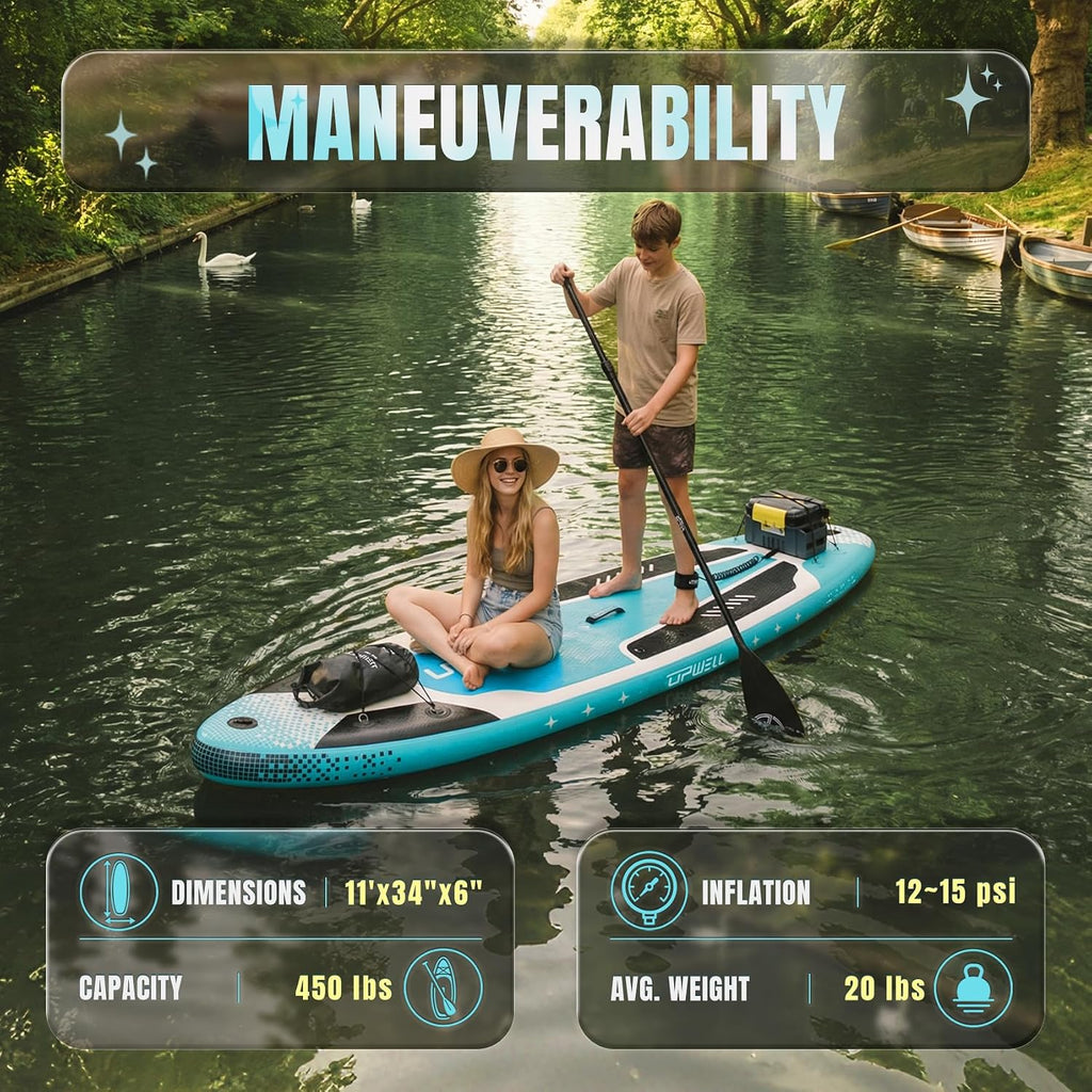 UPWELL 11'6'/11'2'/11'/10'8'/10'6'/10'2' Inflatable Stand Up Paddle Board with sup Accessories Including Backpack, Repairing Kits, Non-Slip Deck, Leash, 3 Fins, Paddle and Hand Pump