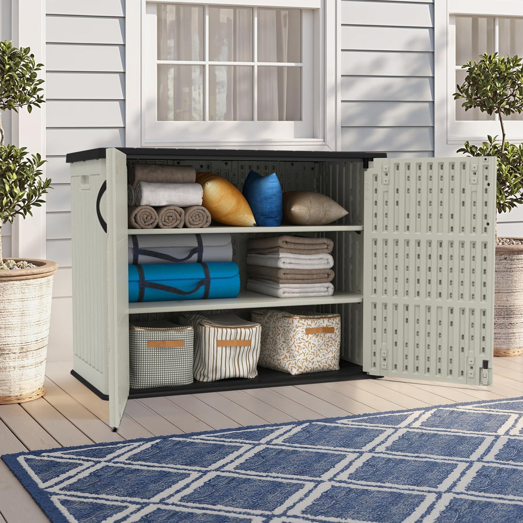 Devoko 26 Cu Ft Outdoor Storage Cabinet - Horizontal Storage Shed for Garden Patio - Durable Backyard Plastic Storage Box, Heavy-Duty & Water-Resistant, Beige, Shelf Not Included
