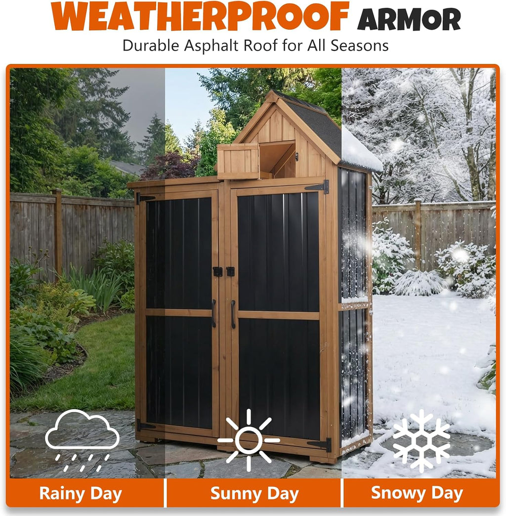 All-in-One Metal & Wood Outdoor Storage Cabinet with Top Compartment, Waterproof Asphalt Roof, Removable Shelves, Heavy-Duty Patio Garage Organizer