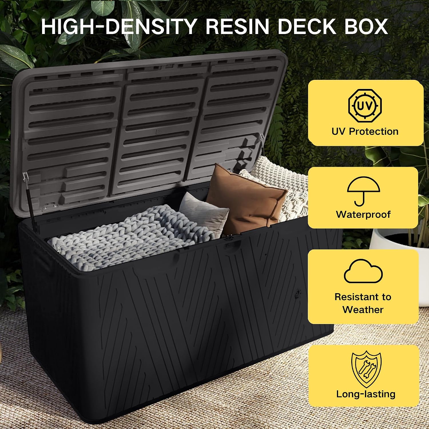 120 Gallon Outdoor Storage Box, Square Resin Deck Box with Hydraulic Lid, Waterproof Plastic Patio Storage for Cushions, Pool Supplies, Garden Tools, Black