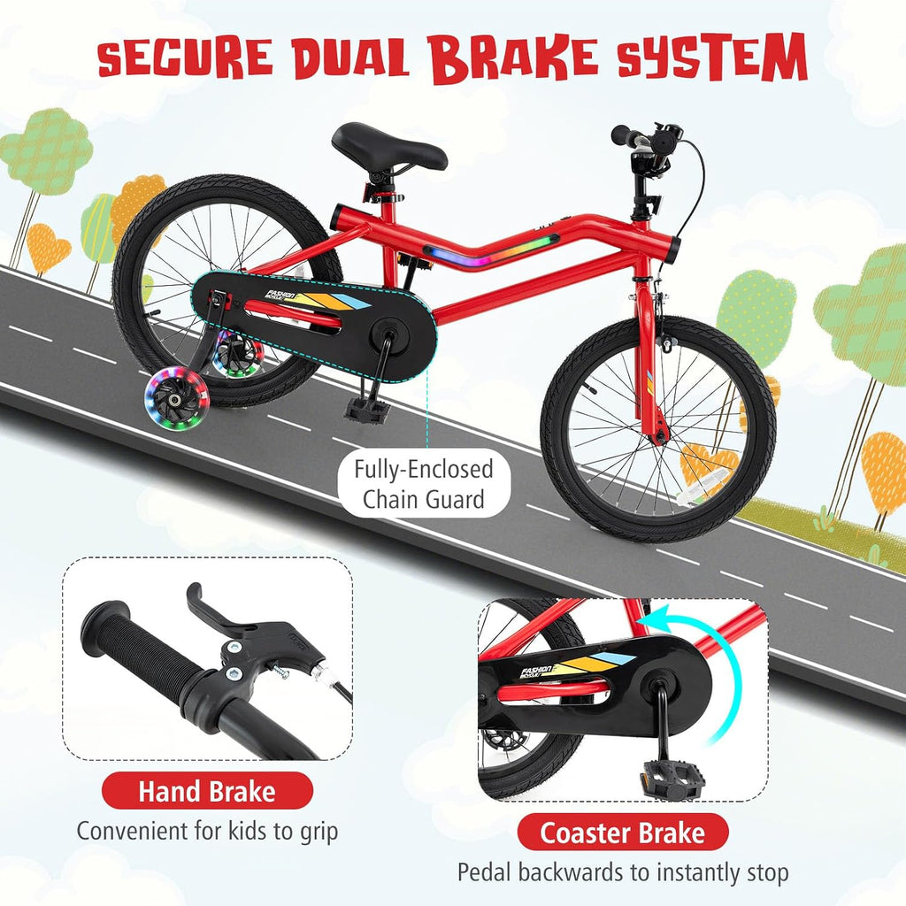 BABY JOY Lighted Kids Bike, 16 18 Inch Children Bicycle with 7-Mode LED Lighted Frame, Headlight, Flash Training Wheels, Dual-Brake, 95% Pre-Assembled, Girls Boys Bike for 4-8 Years