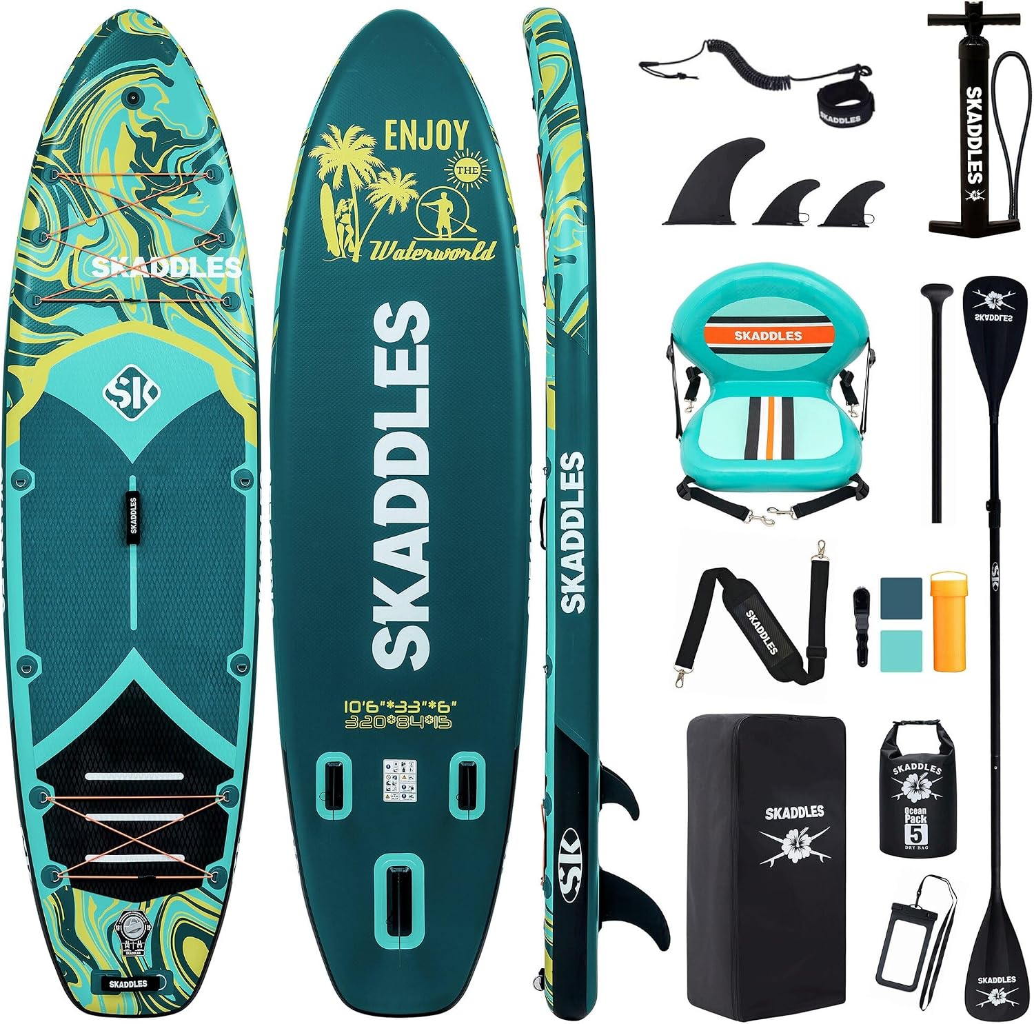 10'6'' Inflatable Stand Up Paddle Board (SUP) for Adults and Youth with Non-Slip Deck – Complete Accessories Kit, for Fishing, Yoga, Fitness & Family Fun