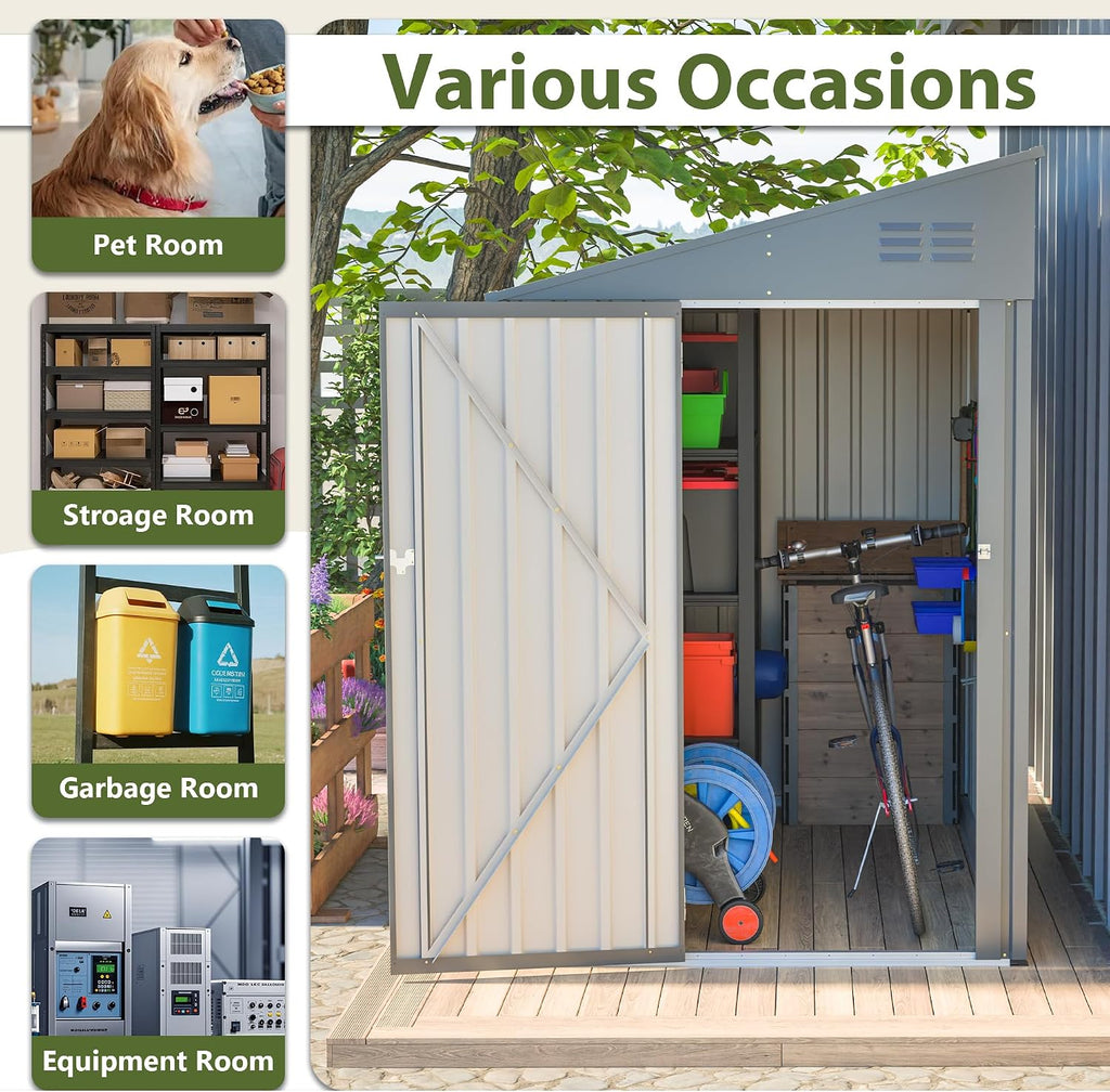 YOPTO 4x7 FT Outdoor Storage Shed,Lean to Lockable Metal Garden Shed Steel with Reinforced Beams,All Weather Waterproof Storage House W/Lockable Door,for Backyard,Patio,Lawn,Garden,Dark Gray