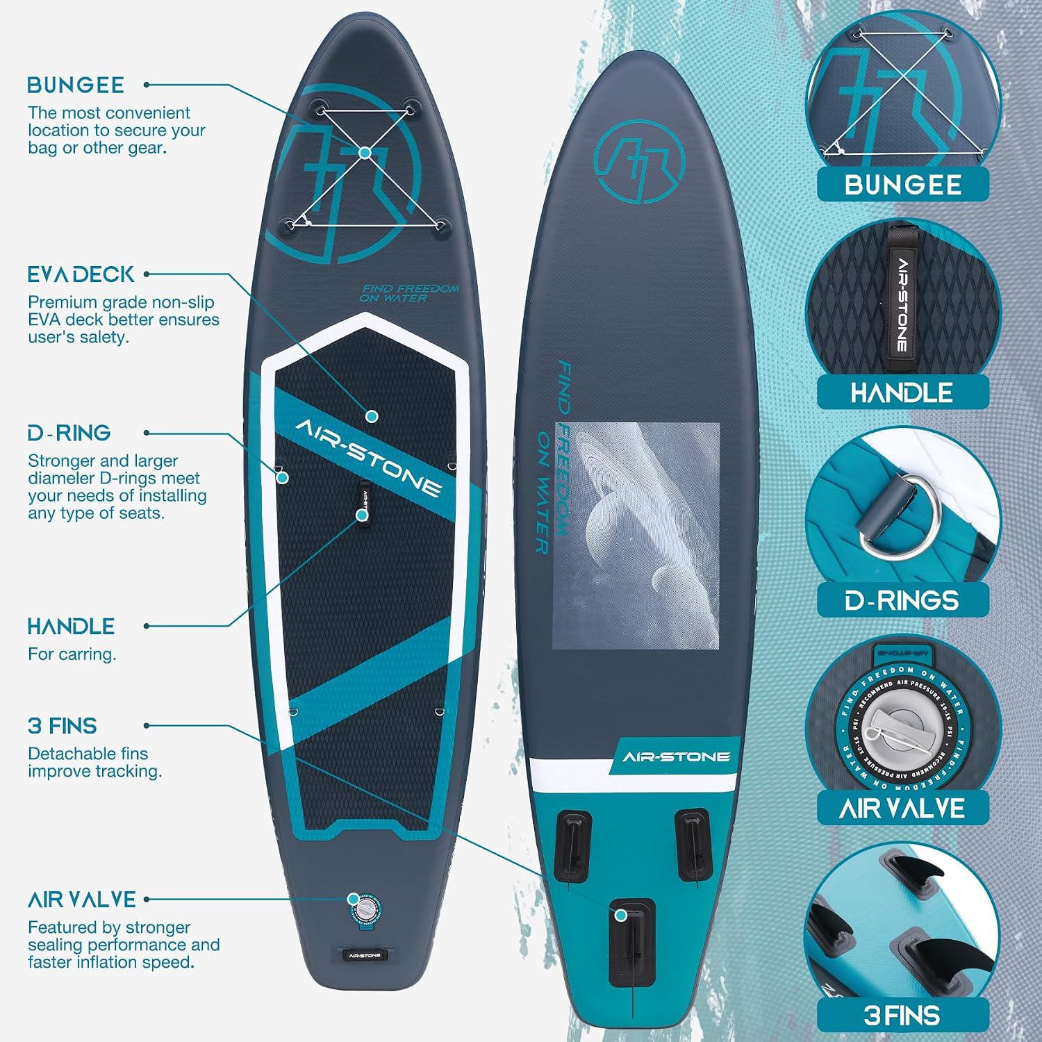AIR-STONE 10'6' 450 lb Capacity，Inflatable Stand Up Paddle Board with sup Accessories Including Backpack, Repairing Kits, Non-Slip Deck, Leash, 3 Fins, Paddle and Hand Pump
