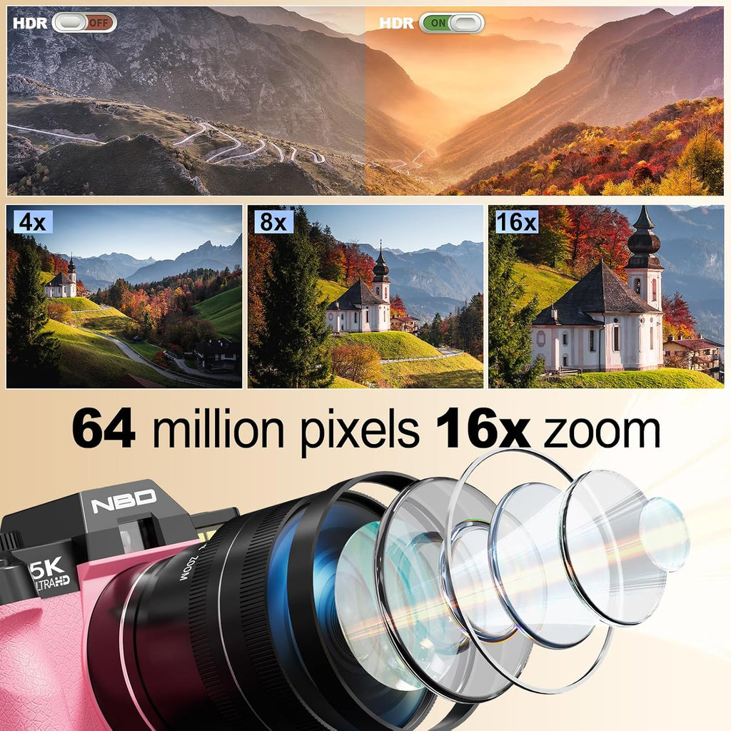 NBD 5K Digital Cameras for Photography - 16X Zoom Travel Camera with 180° Flip Screen, 64MP Vlogging Cameras Fotograficas for YouTube, Auto Focus, Macro Lens, 2 Batteries & 64GB TF Card（Pink）