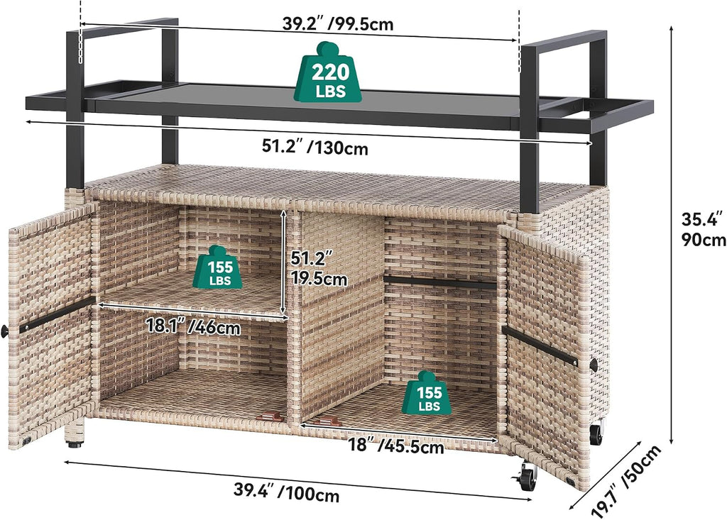 YITAHOME XL Outdoor Storage Cabinet, Outdoor Storage Cart with Wheels and Black Glass Table Top for Patio, Outdoor Cabinet for Poolside and Backyard (Light Brown)