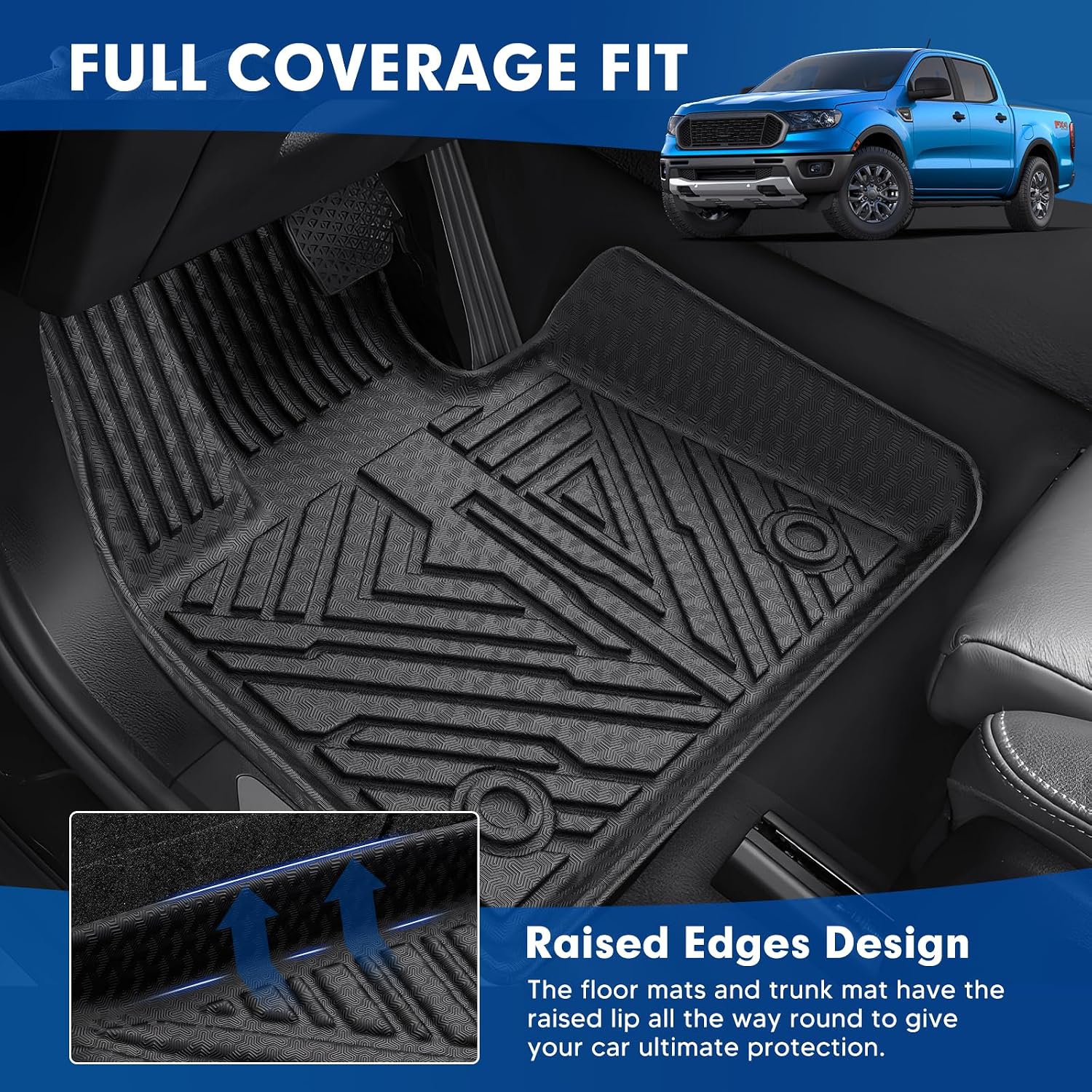 Mixsuper Floor Mats Cargo Liner for 2019-2023 Ford Ranger SuperCrew Cab, All Weather 2 Row Floor Liners and Trunk Mat Set Black