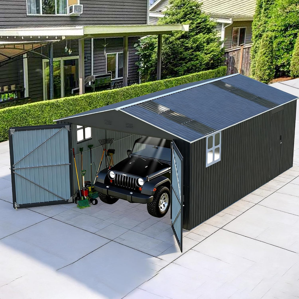 KUIKUI Sheds & Outdoor Storage 13x20ft Upgrade, Heavy Duty Outdoor Storage Shed with 2 Windows and 2 Translucent Roof for Car and Tools
