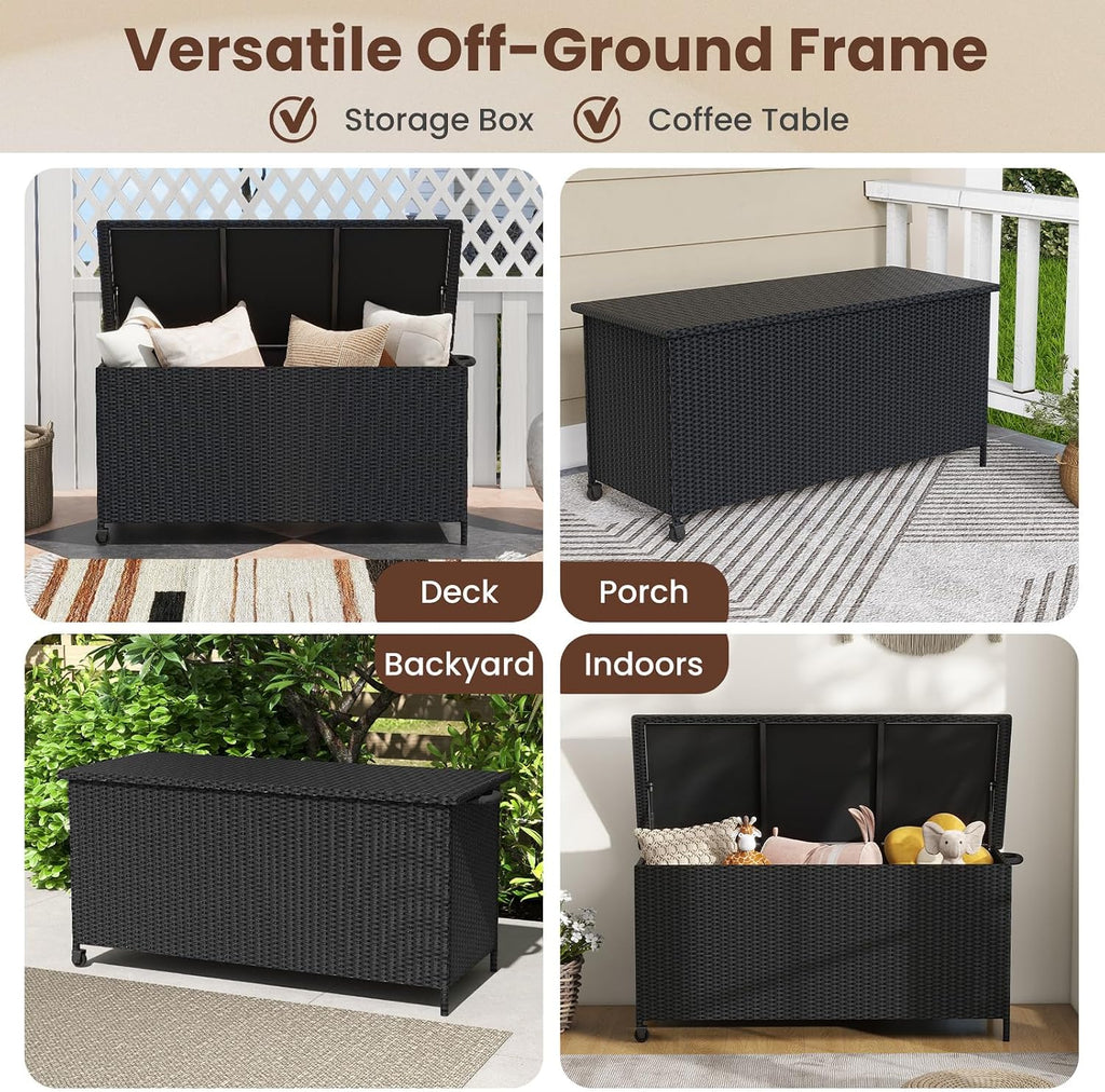 Tangkula Rattan Deck Box, 85 Gallon Storage Container with Waterproof Liner, Wheels & Gas Strut, Indoor Outdoor Wicker Storage Cabinet, Storage Furniture for Pillows, Cushions (Black)