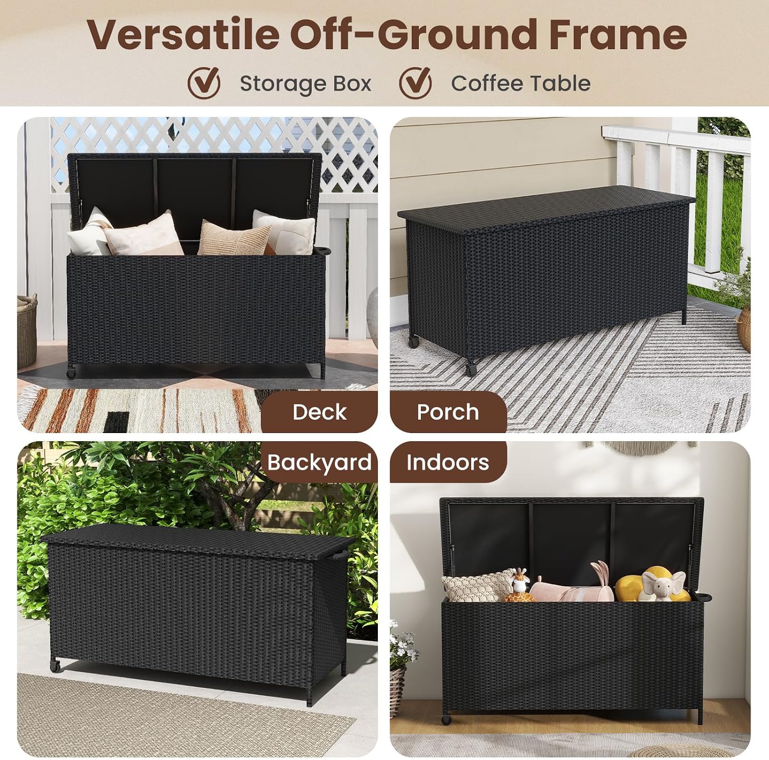 Tangkula Rattan Deck Box, 85 Gallon Storage Container with Waterproof Liner, Wheels & Gas Strut, Indoor Outdoor Wicker Storage Cabinet, Storage Furniture for Pillows, Cushions (Black)