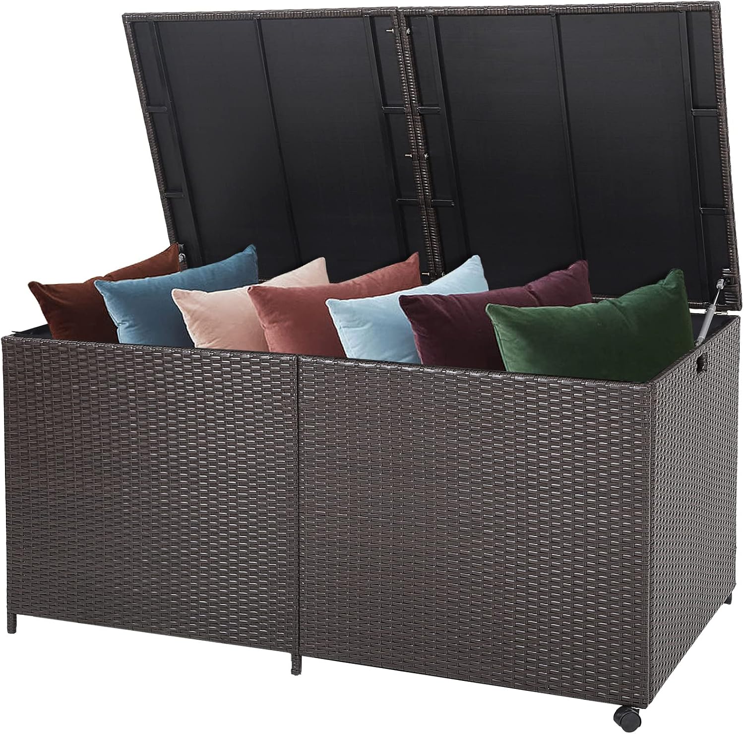 Tangkula 175 Gallon Outdoor Storage Box, Wicker Patio Deck Box with 2 Universal Wheels and Waterproof Zippered Liner, Outdoor Storage Container for Cushions, and Garden Tools