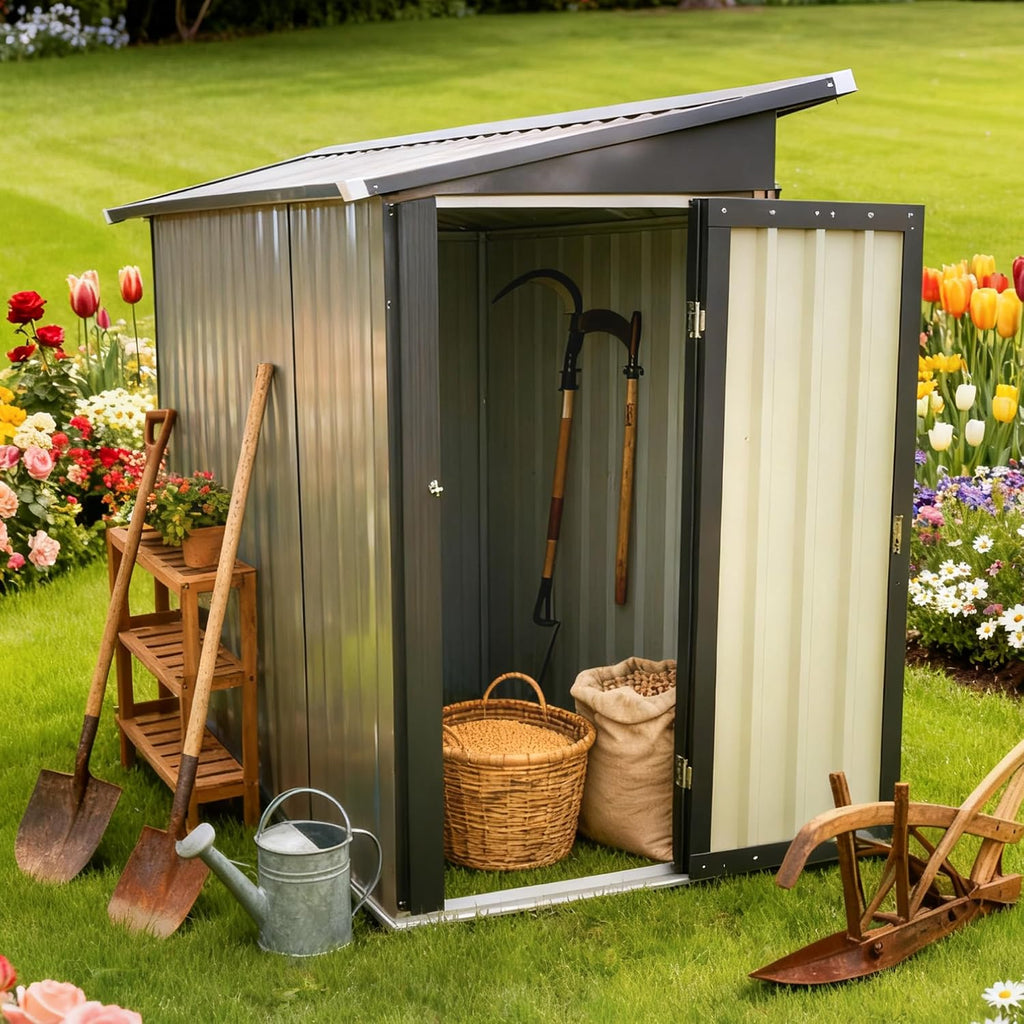 YOPTO 4.27x2.42 FT Outdoor Storage Shed, Metal Garden Tool Shed with Sloped Roof & Hinge Door for Backyard,Patio Lawn,Black+Brown
