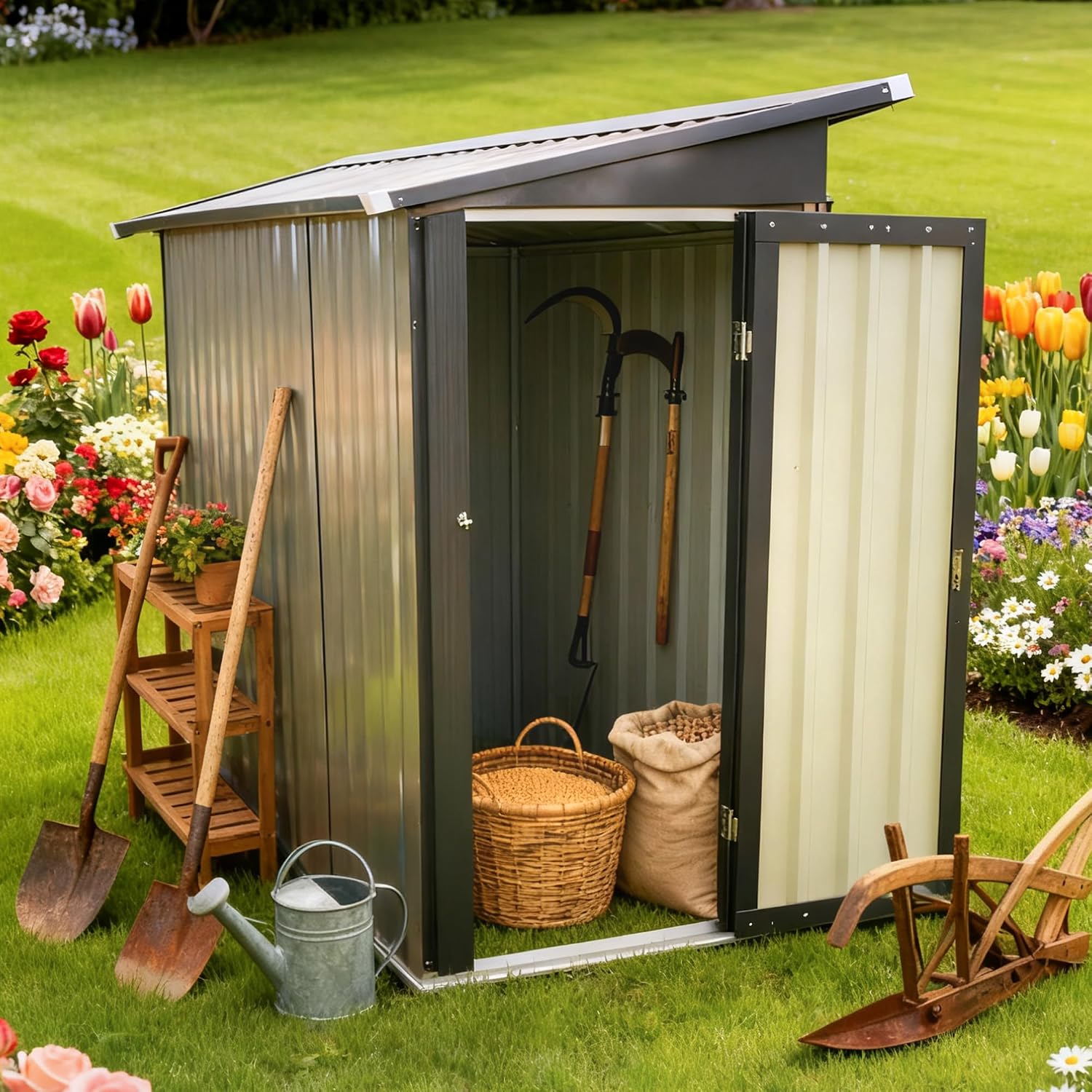 YOPTO 4.27x2.42 FT Outdoor Storage Shed, Metal Garden Tool Shed with Sloped Roof & Hinge Door for Backyard,Patio Lawn,Black+Brown