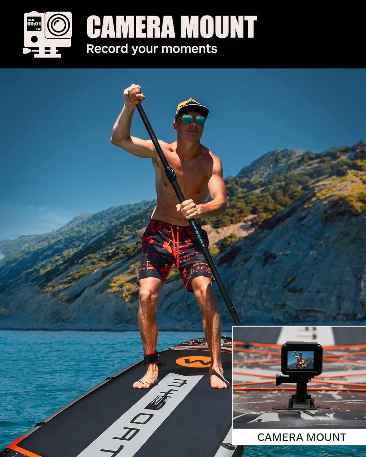 MYBOAT 11'6'×34'×6' Extra Wide Inflatable Paddle Board, Stand Up Paddle Board for Fishing, Sup Board with 3 Removable Fins, Dual Bungees, Camera Mount, Hand Pump, Strong Paddle,Leash