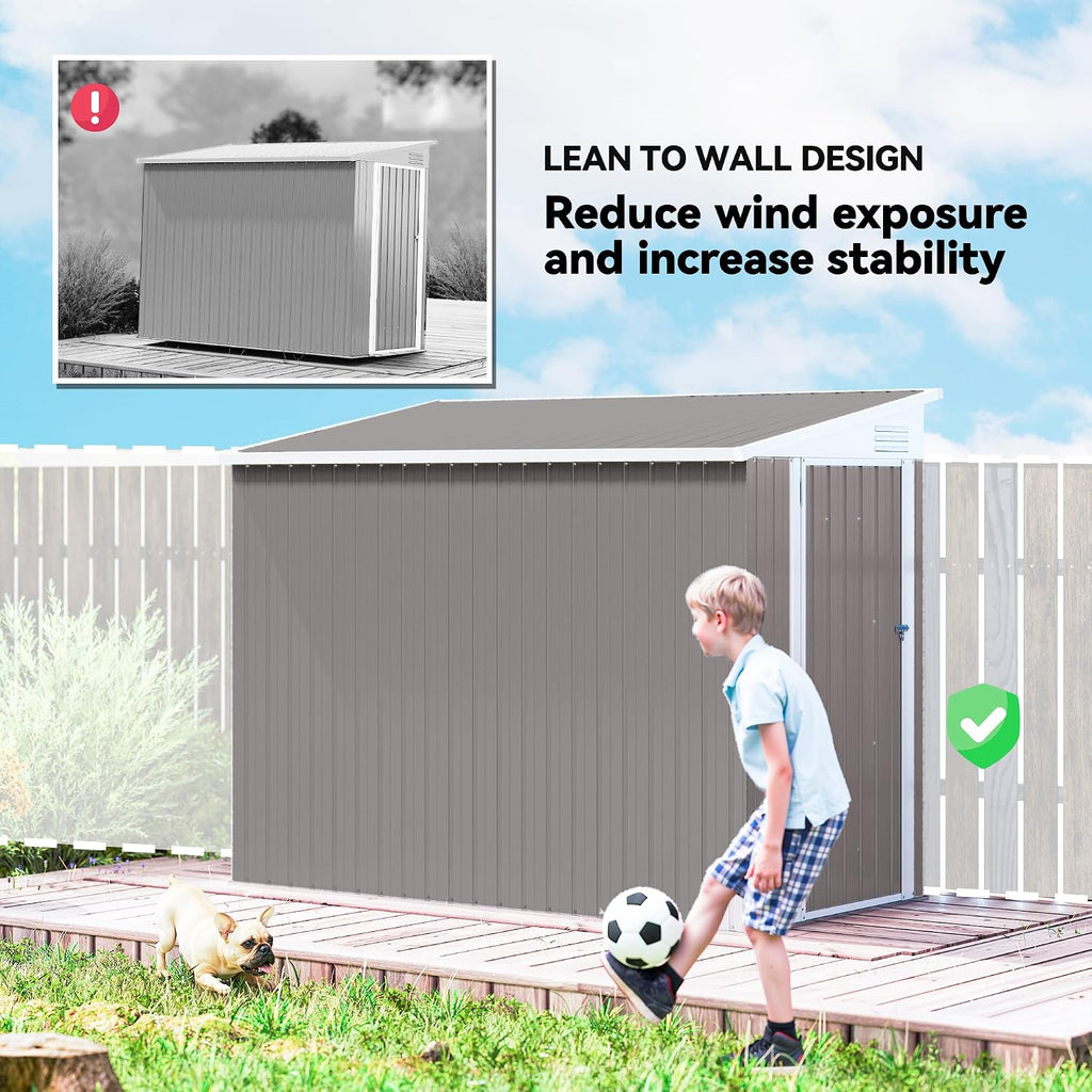 Outsunny 4' x 8' Metal Outdoor Storage Shed, Lean to Storage Shed, Garden Tool Storage House with Lockable Door and 2 Air Vents for Backyard, Patio, Lawn, Light Gray