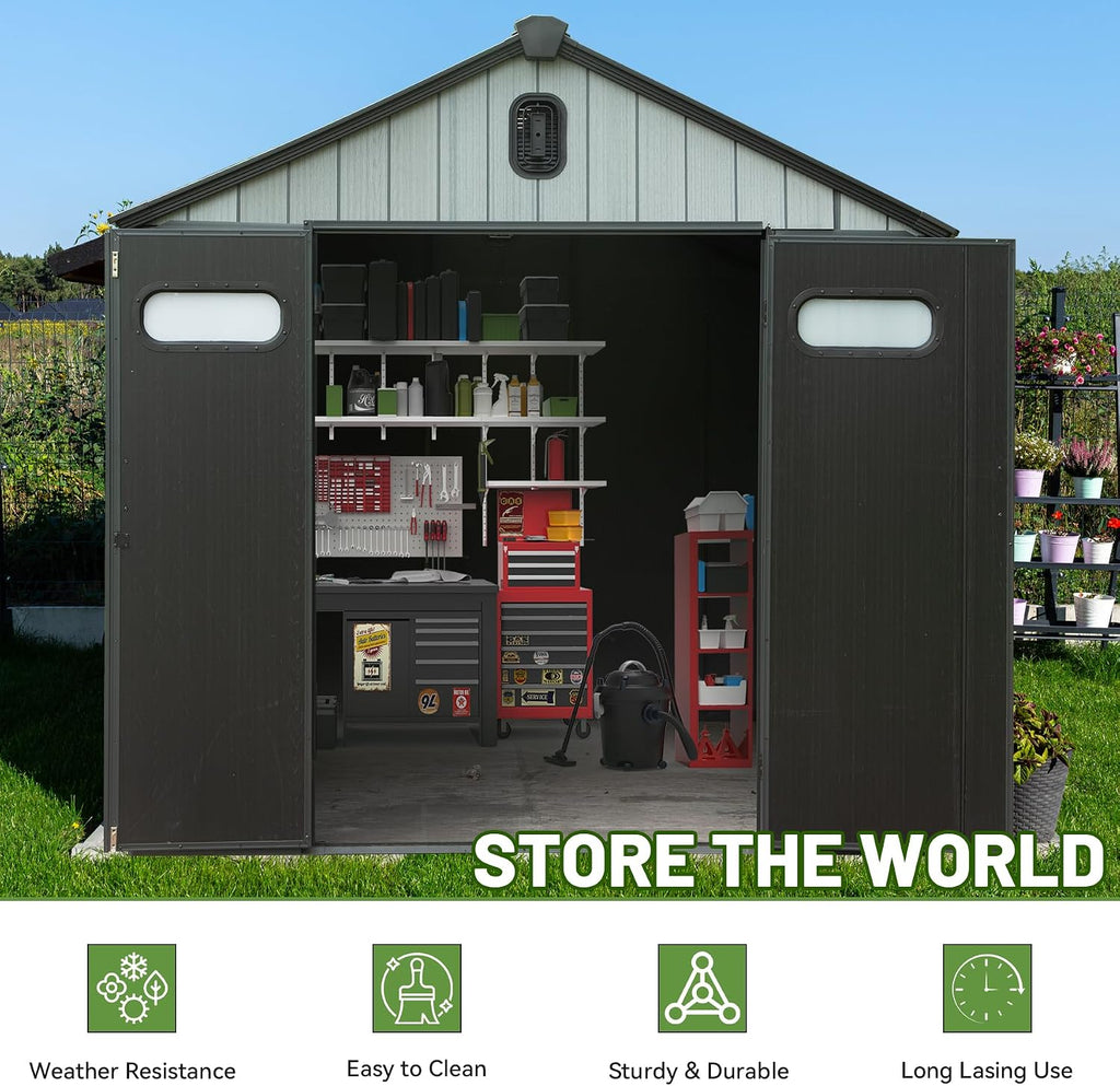 8X6 FT Outdoor Resin Storage Shed, Waterproof Plastic Garden Shed with Lockable Door, Windows & Vents, Outside Storage Tool Shed for Patio Furniture, Lawn Mower, Bike