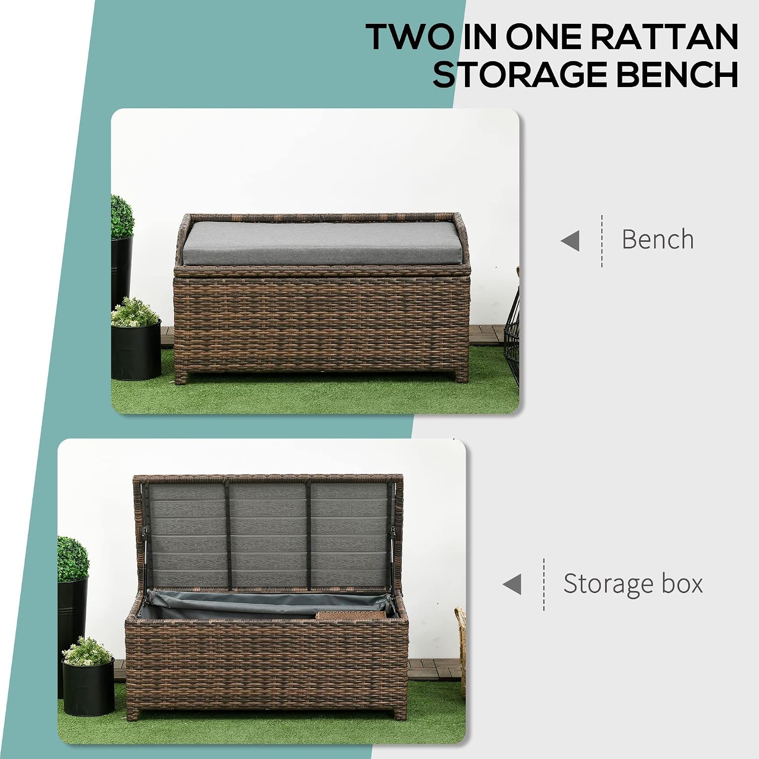 Outsunny 38 Gallon Outdoor Wicker Storage Bench Deck Box, PE Rattan Patio Furniture Pool Storage Bin Container with Interior Waterproof Cloth Bag and Comfortable Cushion, Cream White