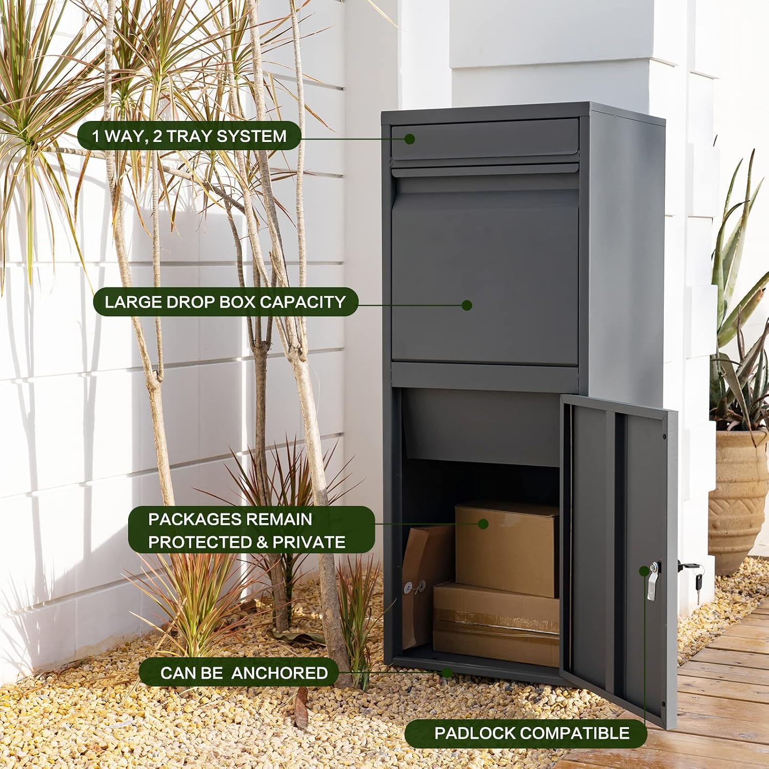 Gray Outdoor Storage Box, Heavy Duty steel Anti Theft Package Delivery Box, Parcel Box with Combination Lock, Suitable for Curbside or Porch Package Drop
