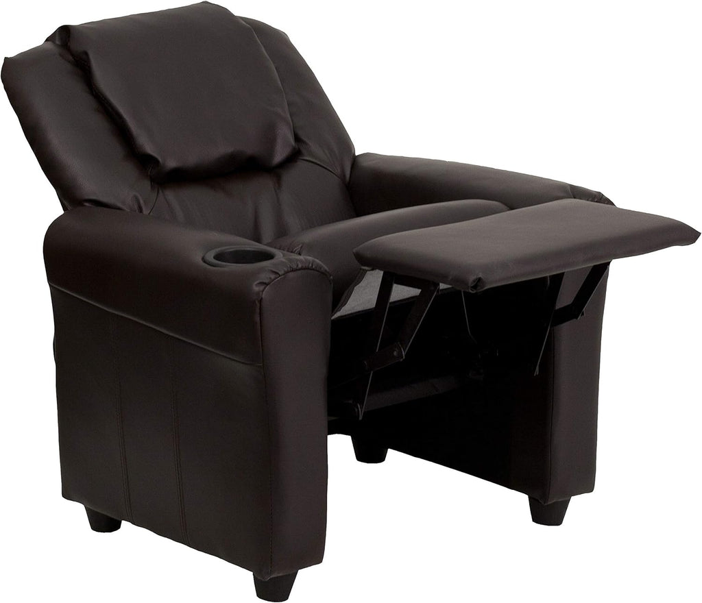 Flash Furniture Vana LeatherSoft Kids Recliner with Cup Holder, Headrest, and Safety Recline, Contemporary Reclining Chair for Kids, Supports up to 90 lbs., Brown