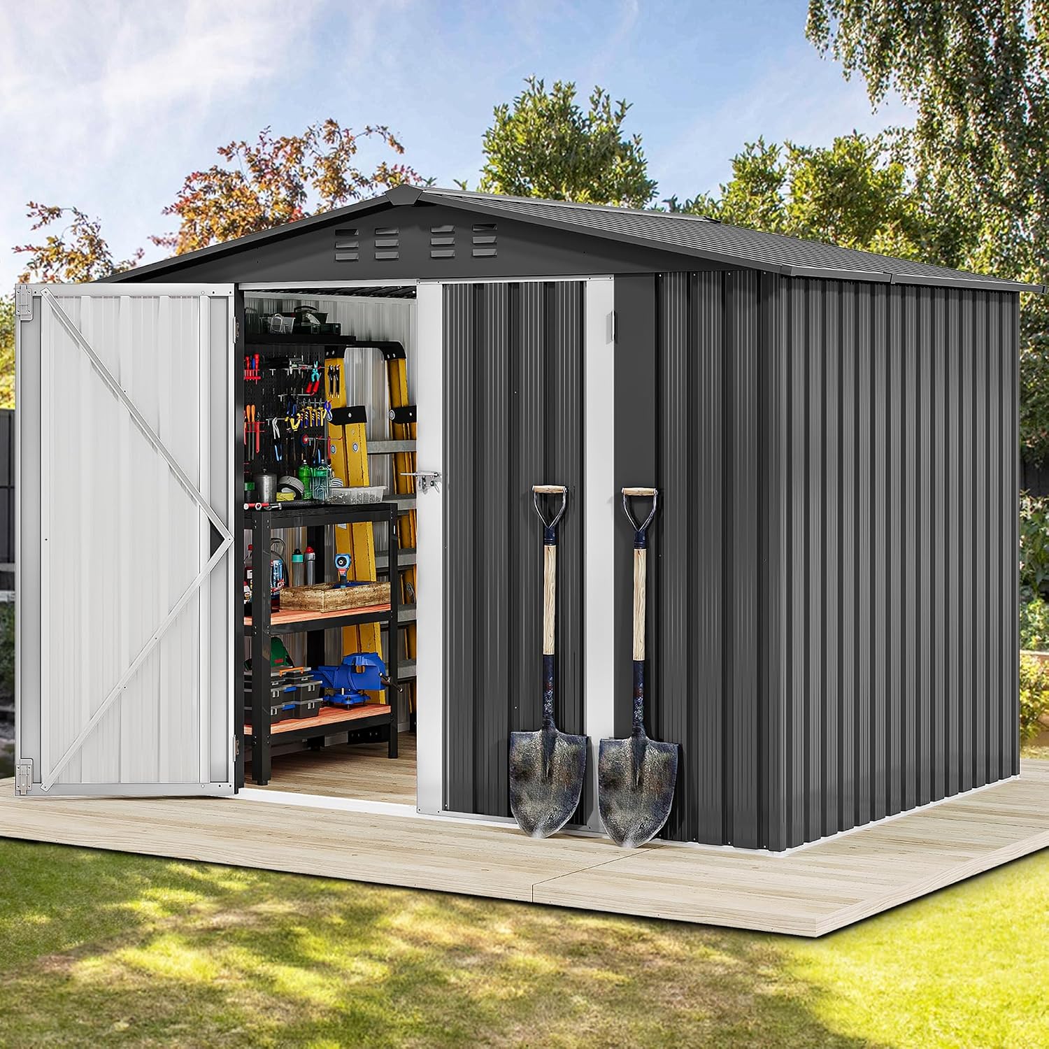 DWVO 7x5FT Outdoor Storage Shelter, Roomy Steel Tool Shed with Secure Entrances & Air Circulation for Patio, Lawn, and Backyard, Ideal for Storing Garden Gear, Lawn Tools, and Bikes, Dark Gray