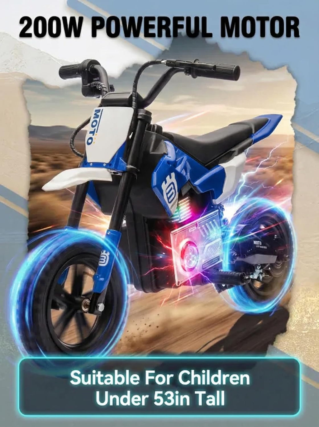 Electric Dirt Bike for Kids Ages 5-10, 24V 200W Higher Speed Electric Motorcycle, Kids Ride On Motorcycle with Rear Wheel Shock Absorber, LED Breathing Light, Bluetooth, Music, Horn, Blue