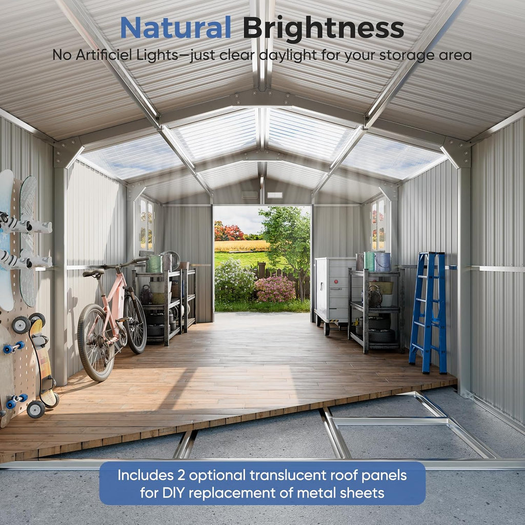 K Knowbody 10x16 FT Metal Shed with Floor Kit, 20-Gauge Reinforced Frame with Powder Coating, 50 PSF Snow Load & 120 MPH Wind Rated, Large Outdoor Storage Building with Skylight for Garden & Bike