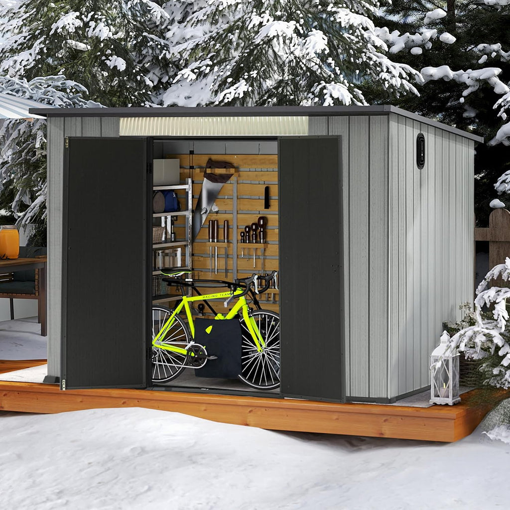 Domi 6.2x9.3 FT Outdoor Resin Storage Shed, All-Weather Double-Wall Storage Building with Sloping Roof for Backyard, Garden, Lawn Tools, Mower, Bike & Pool Equipment, Lockable Doors, Ventilated Roof