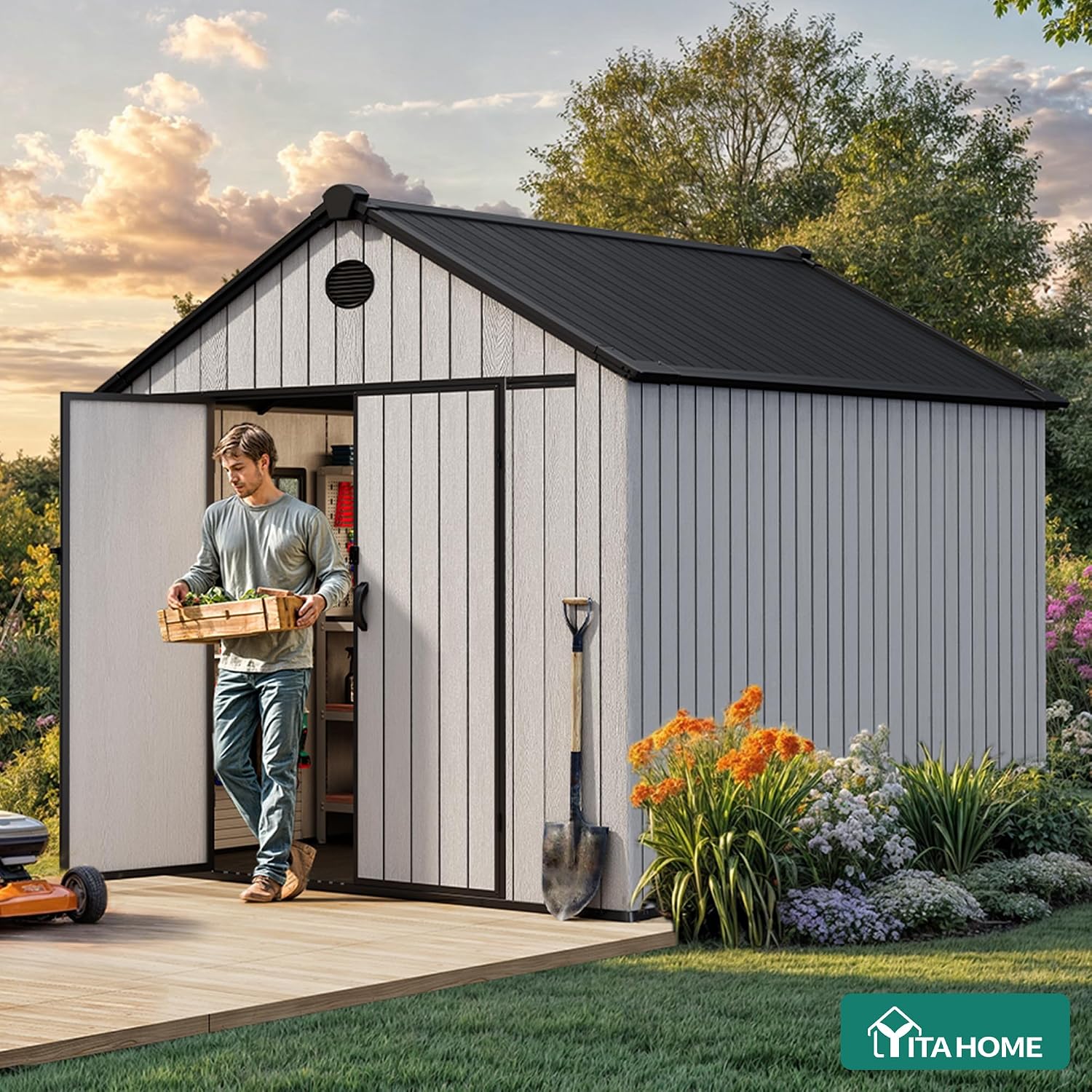 YITAHOME 8x10 FT Outdoor Storage Shed with Floor, Extra Thick Plastic Garden Shed for Bikes Tools Supplies, Waterproof Resin Shed with Lockable Doors, 2 Vision Windows & Vents for Patio, Gray