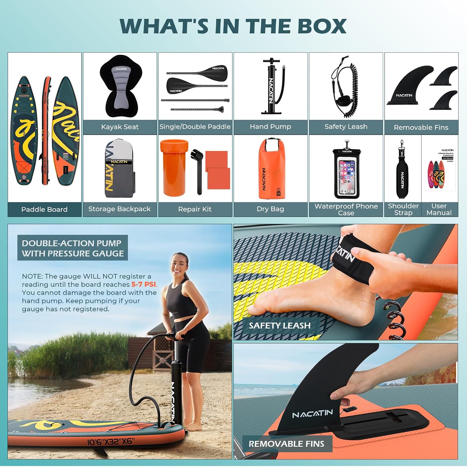 NACATIN Inflatable Stand Up Paddle Board,10'6'Upgrade Version Blow Up Paddle Boards for Adults with Premium SUP Accessories& Backpack,Adjustable Paddle,Camera Mount,Hand Pump, for Lake, River, Yoga