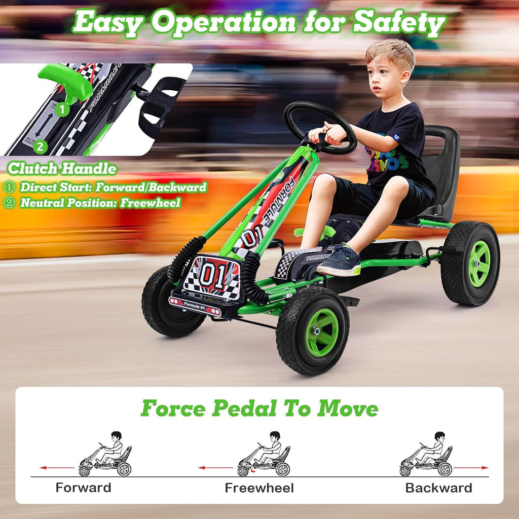HONEY JOY Go Kart for Kids, 4 Wheel Quad Off-Road Pedal On Foot Go Cart w/Steering Wheels & Adjustable Seat, 2 Safety Brakes, EVA Tires, Clutch, Outdoor Racer Ride On Pedal Car (Green)