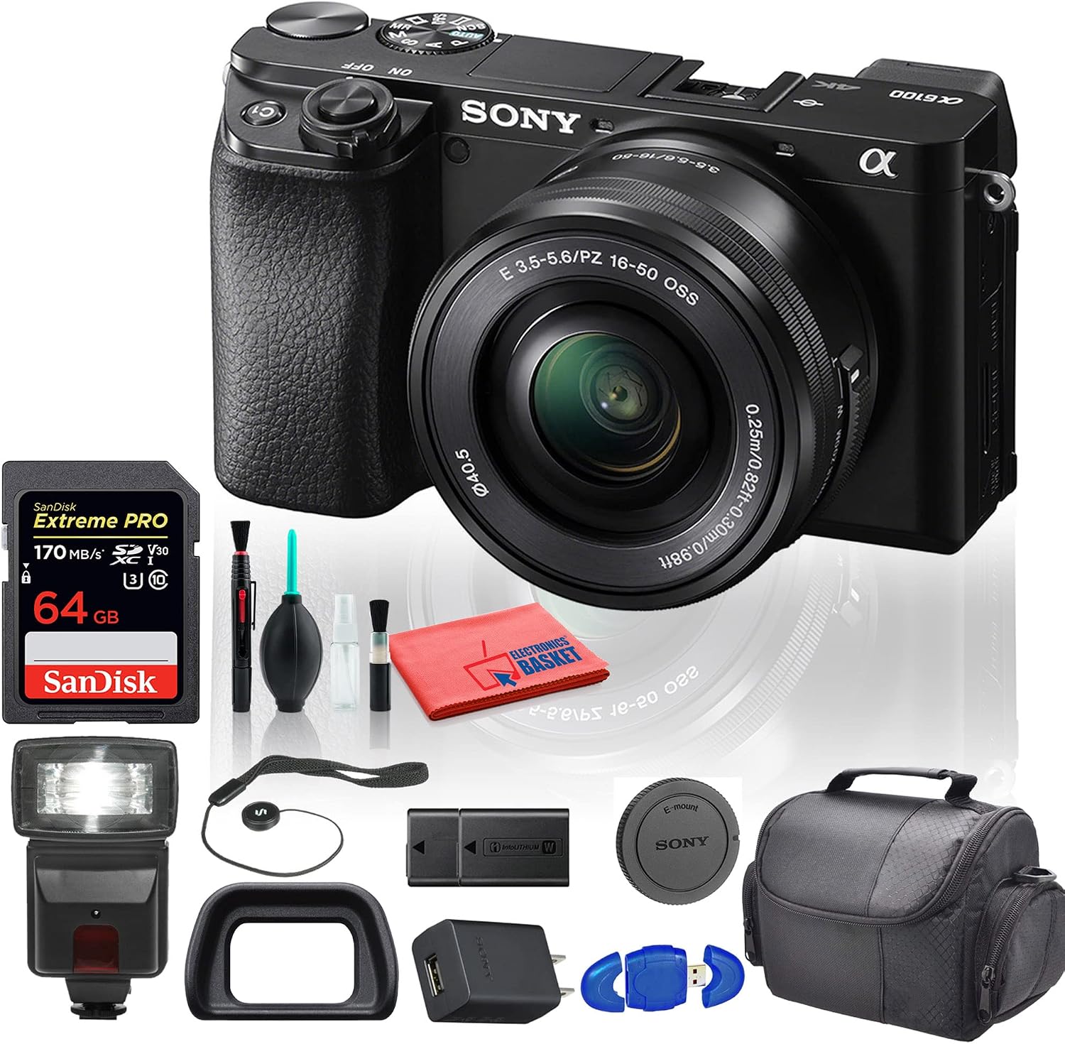 Sony Alpha a6100 Mirrorless Digital Camera (ILCE6100L/B) with 16-50mm Lenses with Flash, Extra Battery, 64GB Memory Card, Padded Bag, and More - Extra Battery Bundle (Renewed)