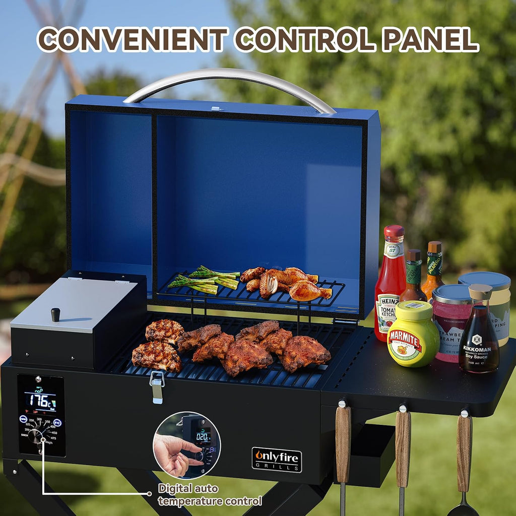 ONLYFIRE GRILLS BBQ Wood Pellet Grill Smoker with Foldable Cart, Meat Probe, 2 Tiers Cooking Area, Portable Smoking Grilling Stove for Outdoor Patio Cooking, RV Camping Tailgating, Blue GS342
