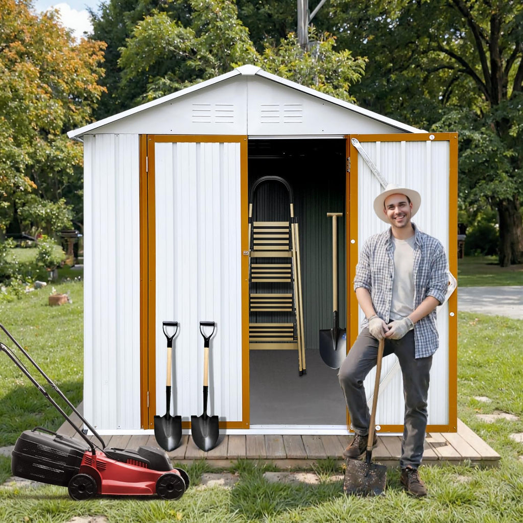 6x4 Ft Storage Shed Outdoor, Permanent Steel Building with Lockable Doors and 4 Air Vents for Backyard Garden Patio Lawn - Yellow