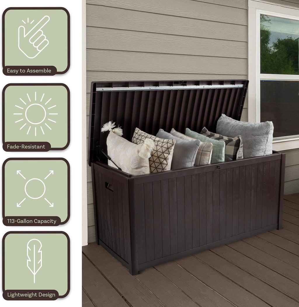 Outdoor Storage Box - 113 Gallon Lockable Deck Box for Pool Accessories, Patio Furniture Cushions, or Package Delivery Boxes for Outside - Deck Boxes Outdoor Waterproof by Pure Garden (Coffee)