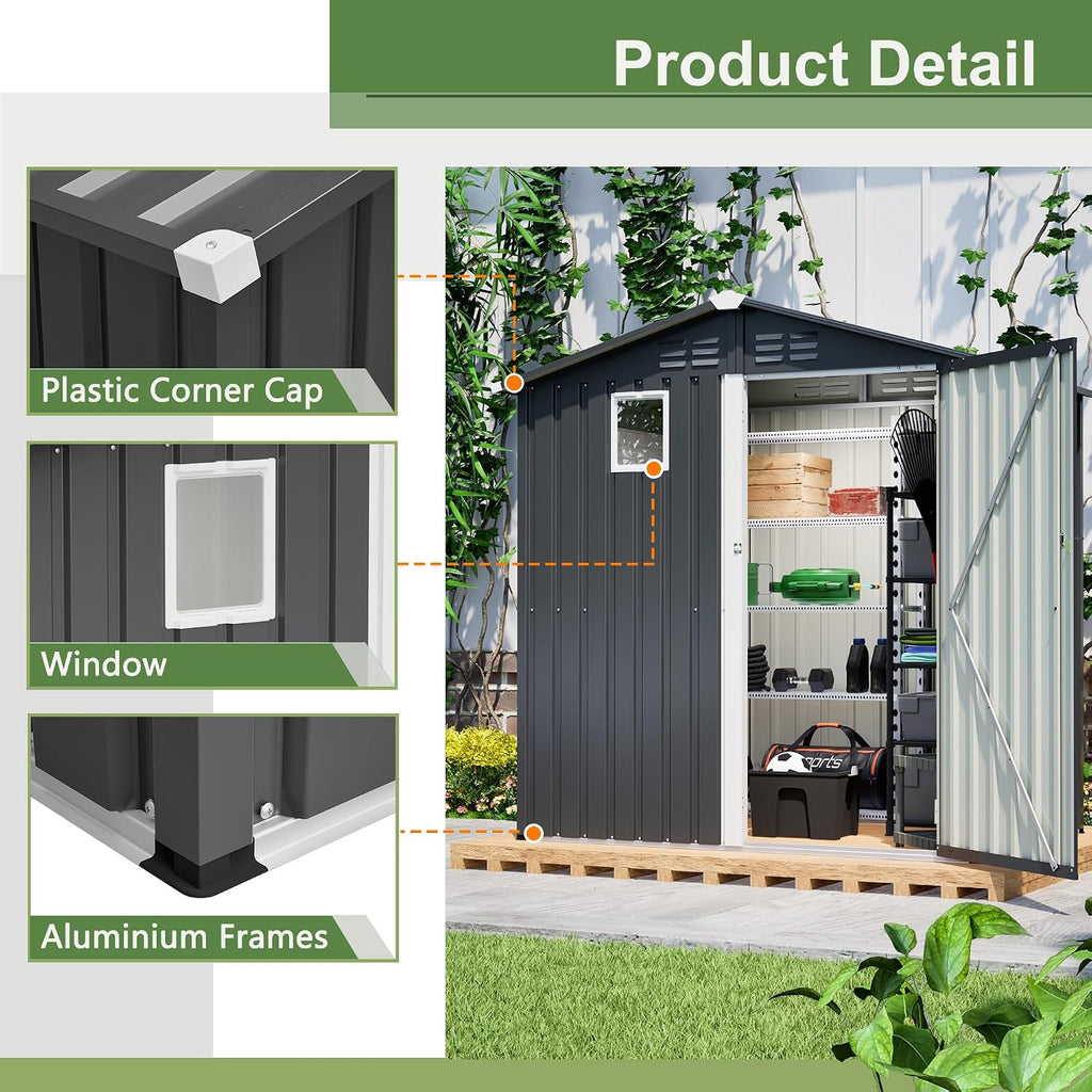 6x4ft Tool Storage Shed with Lockable Doors & Window, Metal Garden Tool Shed with Sloped Roof, Steel Outdoor Storage Shed for Garden, Patio, Garage, Backyard, Lawn - Dark Gray