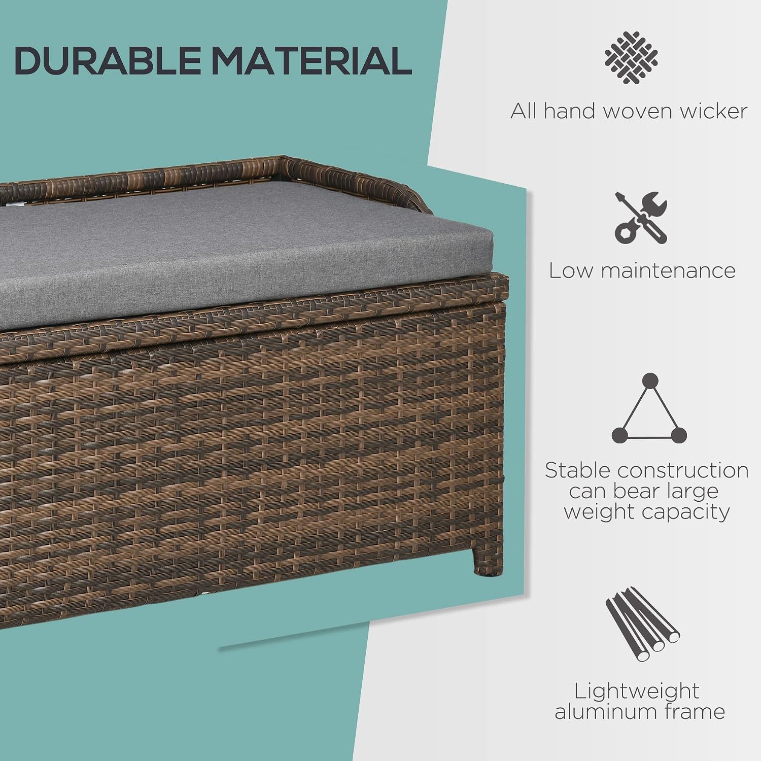 Outsunny 38 Gallon Outdoor Wicker Storage Bench Deck Box, PE Rattan Patio Furniture Pool Storage Bin Container with Interior Waterproof Cloth Bag and Comfortable Cushion, Cream White