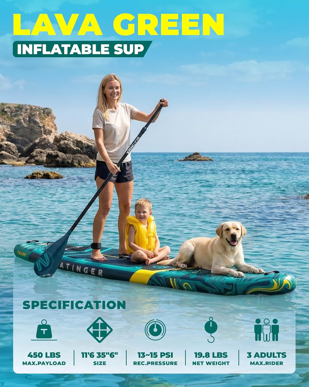 Skatinger 11'6×35' Super Wide Inflatable Paddle Board, Ultra Stable Stand Up Paddleboards for 450lb/3 People/Family/Big Size w/Shoulder Strap, 100L Backpack, Ultra-Light All-Round Sup Board