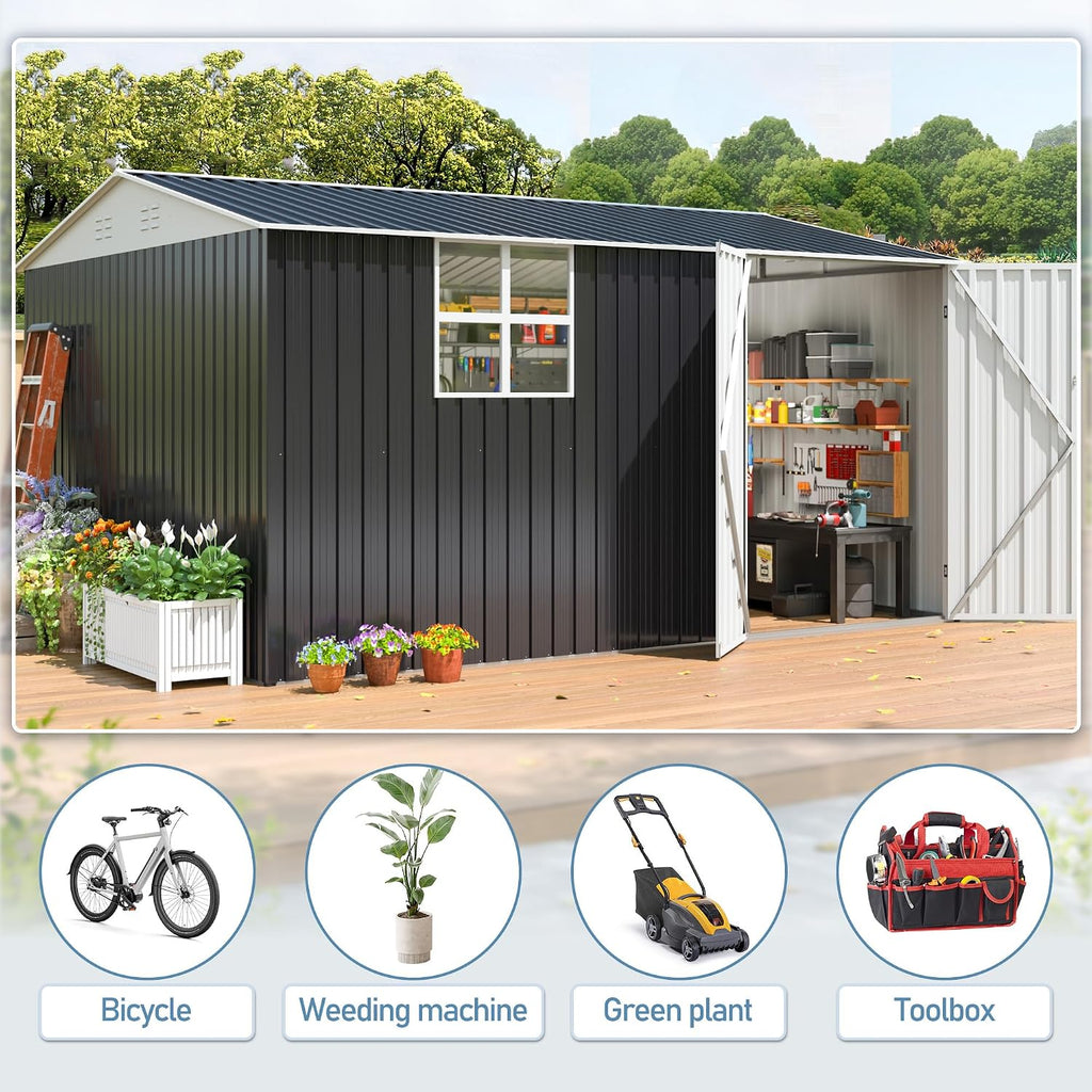 AirWire 12x10 FT Outdoor Metal Storage Shed with Window, Heavy-Duty Galvanized Steel Tool Shed with Lockable Doors, Waterproof Garden Shed for Backyard, Patio, Lawn, Black