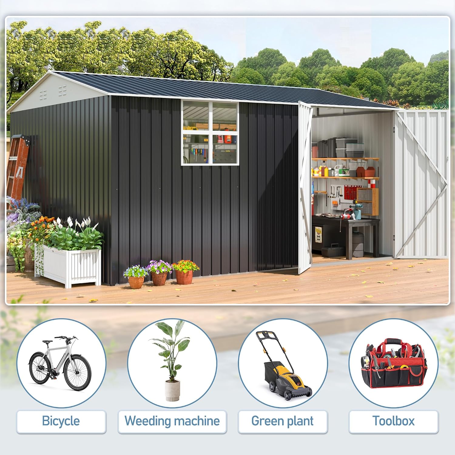 AirWire 12x10 FT Outdoor Metal Storage Shed with Window, Heavy-Duty Galvanized Steel Tool Shed with Lockable Doors, Waterproof Garden Shed for Backyard, Patio, Lawn, Black