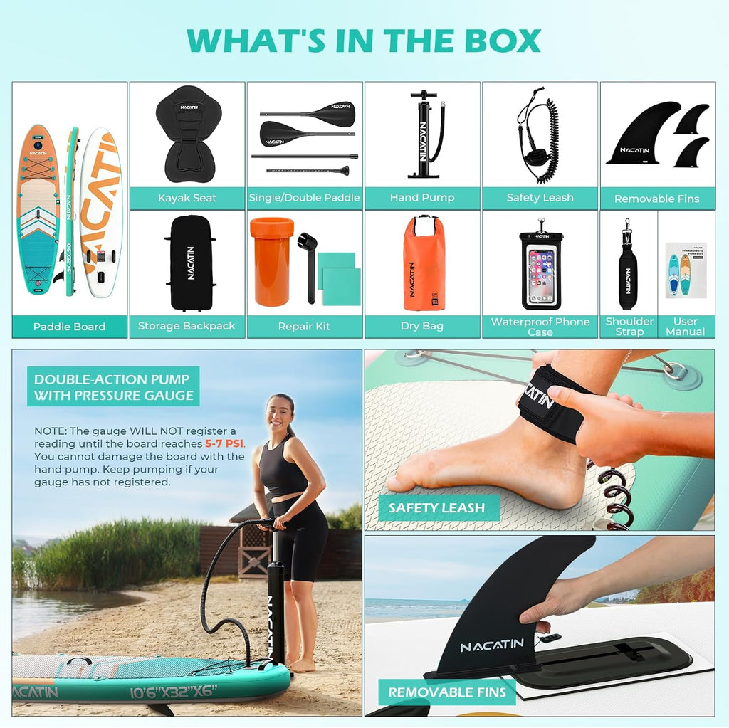 NACATIN Inflatable Stand Up Paddle Board,10'6'Upgrade Version Blow Up Paddle Boards for Adults with Premium SUP Accessories& Backpack,Adjustable Paddle,Camera Mount,Hand Pump, for Lake, River, Yoga