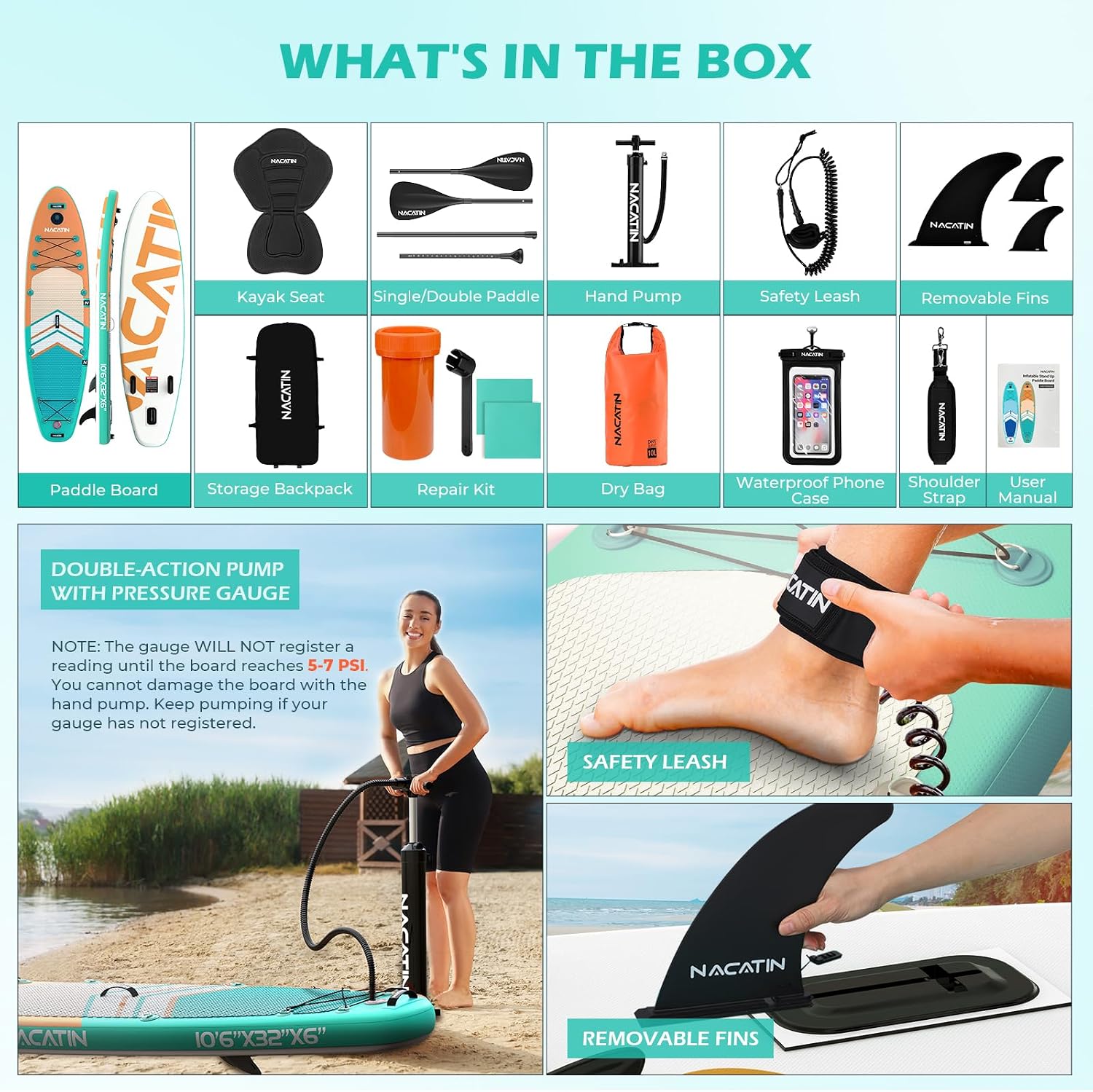 NACATIN Inflatable Stand Up Paddle Board,10'6'Upgrade Version Blow Up Paddle Boards for Adults with Premium SUP Accessories& Backpack,Adjustable Paddle,Camera Mount,Hand Pump, for Lake, River, Yoga