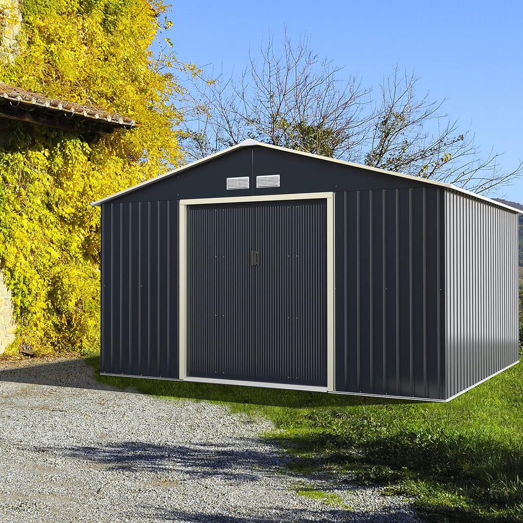 Goplus Storage Shed, Metal 11' X 10' Outdoor Building Organizer with 4 Vents & Double Sliding Door for Garden Backyard Farm (11'X10')