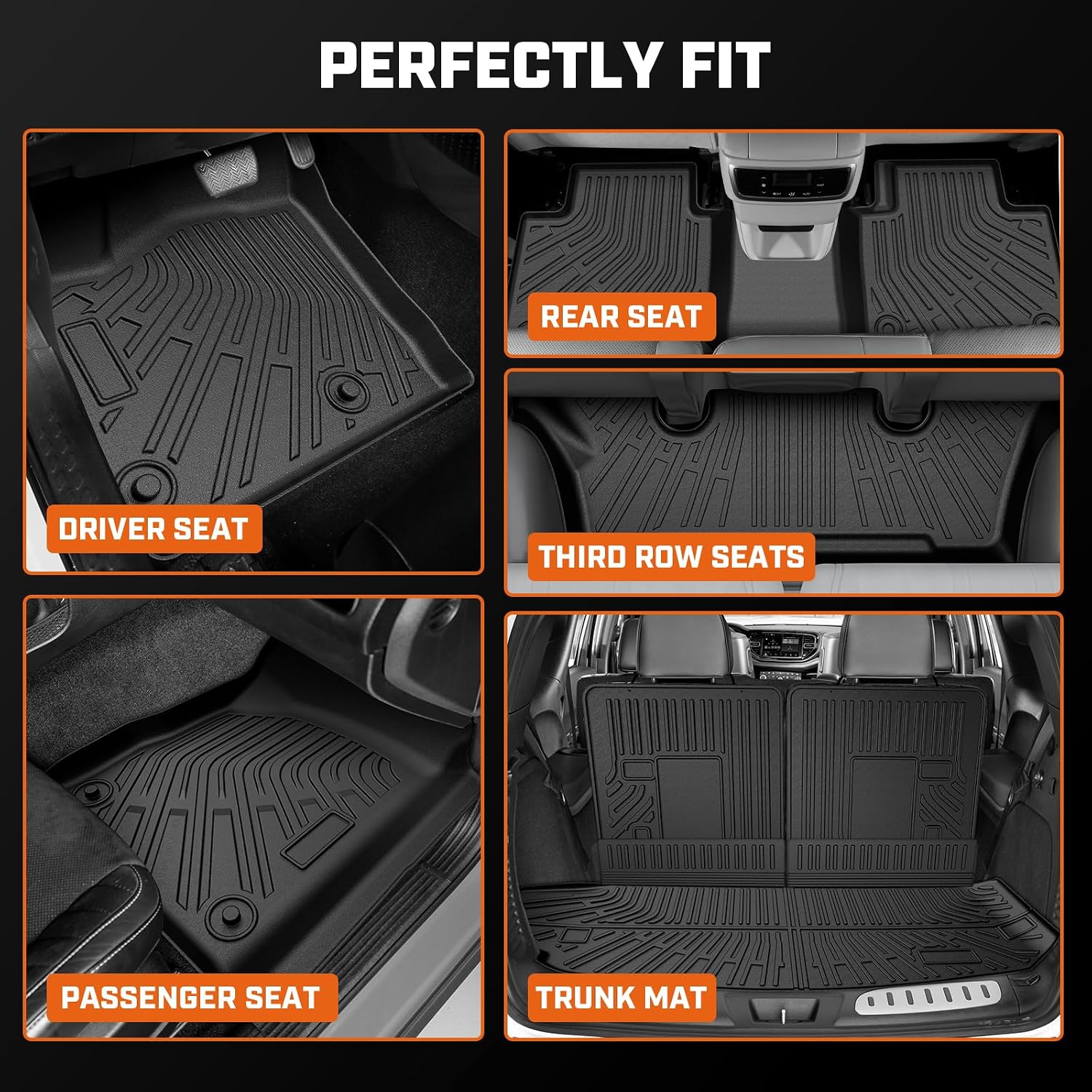 Mixsuper Floor Mat & Cargo Liner for Dodge Durango 6-Seater 2016-2026,All Weather TPE Floor mat with Backrest and Door Sill Guards Durango Accessories,Anti-Slip Floor Liners Set, Black