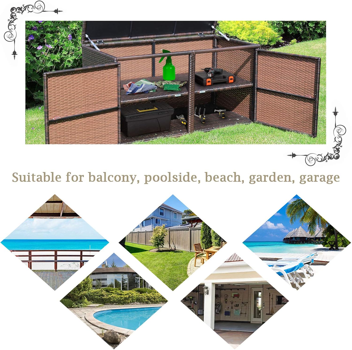 Tangkula 73 Gallon Outdoor Wicker Storage Box, Garden Deck Bin with Steel Frame, Rattan Storage Box with Lid, Ideal for Storing Tools, Accessories