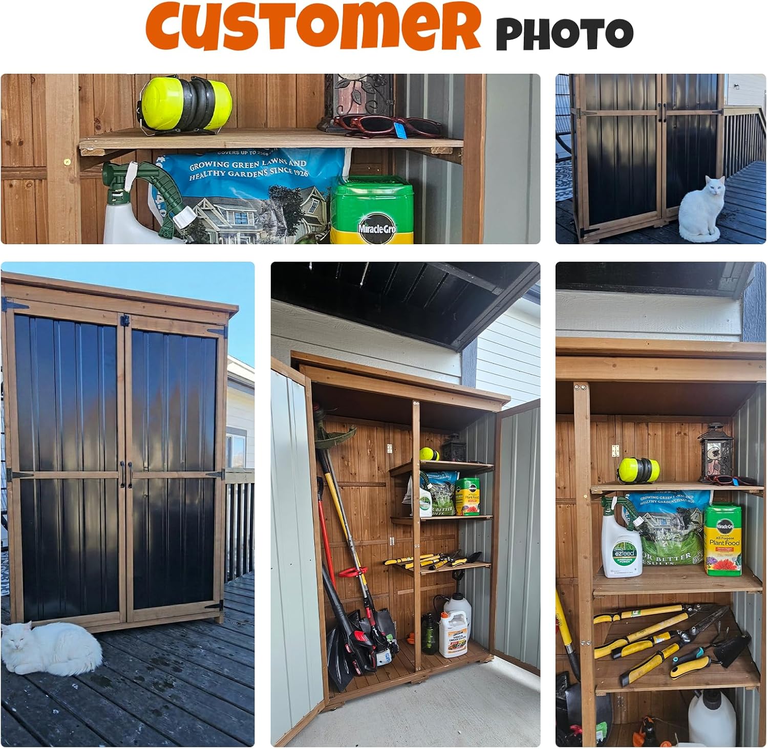 Outdoor Storage Cabinet with Shelves, Wood & Metal Storage Shed with Weatherproof Roof, 3 Removable Shelves, Lockable Doors, Adjustable Feet, Outside Storage Cabinet for Garage, Patio, Backyard