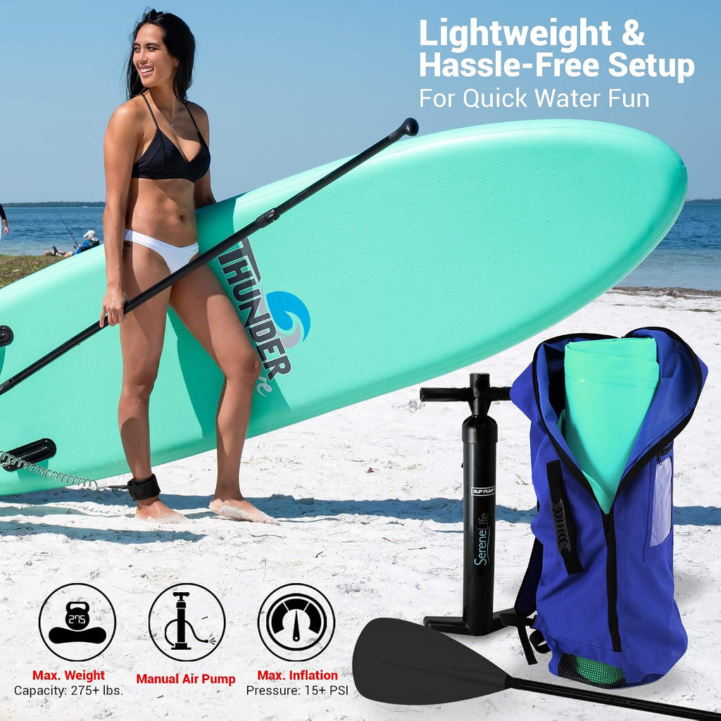 SereneLife Inflatable Stand Up Paddle Board - Wide Stable Design, Non-Slip Deck for Adults & Youth with Premium Paddle Board Accessories: Carry Bag, Dual Action Pump, Paddle, Ankle Leash - 10'