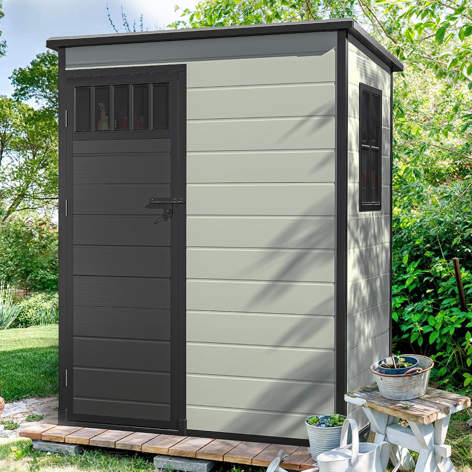DWVO Outdoor Storage Shed 5x3FT with Fence-Style and Side Windows, Floor & Lockable Doors, Plastic Storage Shed, Storage Shed for Backyard and Garden