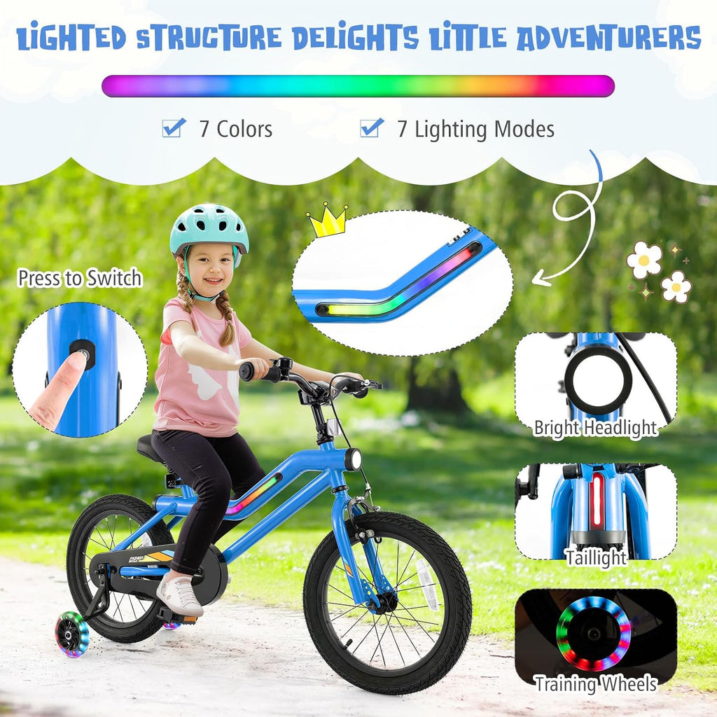 BABY JOY Lighted Kids Bike, 16 18 Inch Children Bicycle with 7-Mode LED Lighted Frame, Headlight, Flash Training Wheels, Dual-Brake, 95% Pre-Assembled, Girls Boys Bike for 4-8 Years